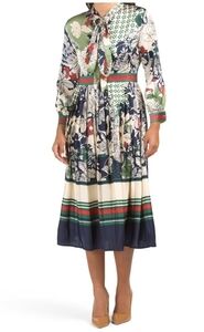 𝅺Dalia Macphee Tie Neck Pleated Skirt Dress